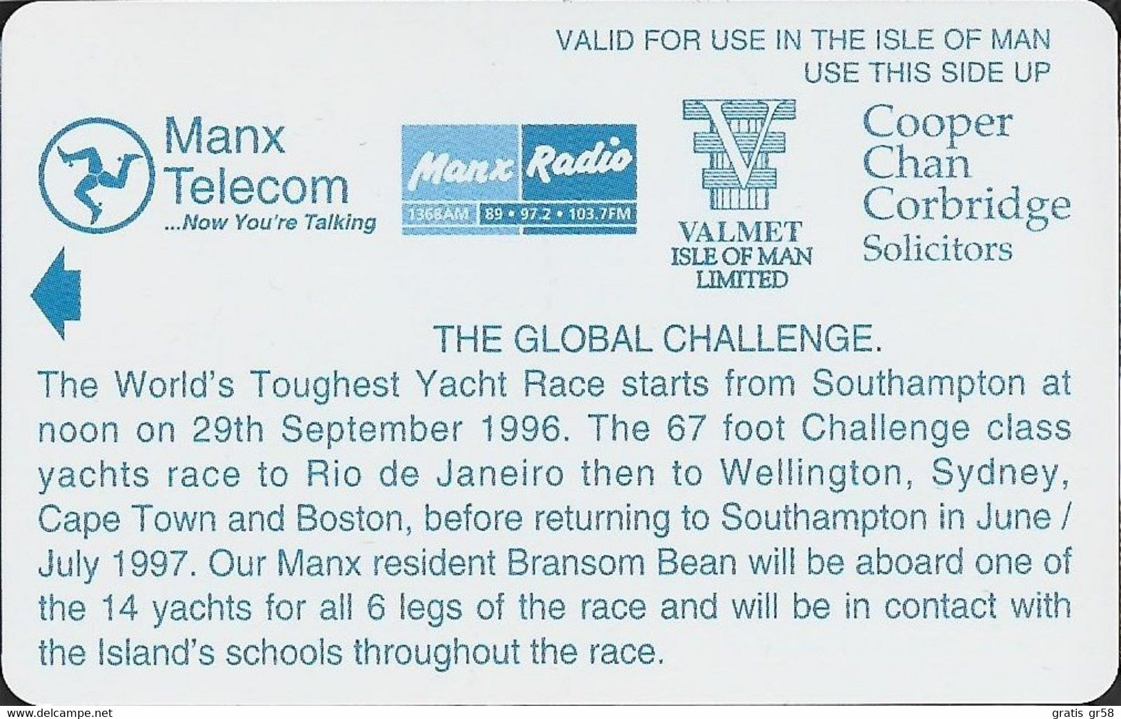 Isle Of Man - GPT, Global Challenge Yacht Race, Demo Without Chip & CN, 1996, Unused - Isla De Man