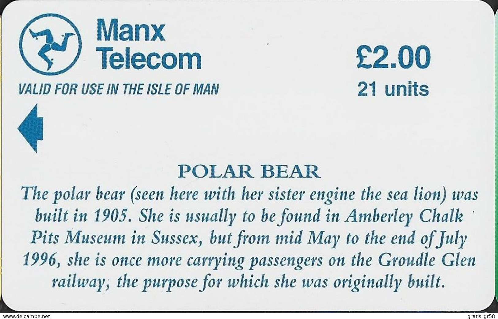 Isle Of Man - GPT, Steam Locomotives Polar Bear & Sea Lion, Demo Without Chip & CN, 1996, Unused - Isla De Man