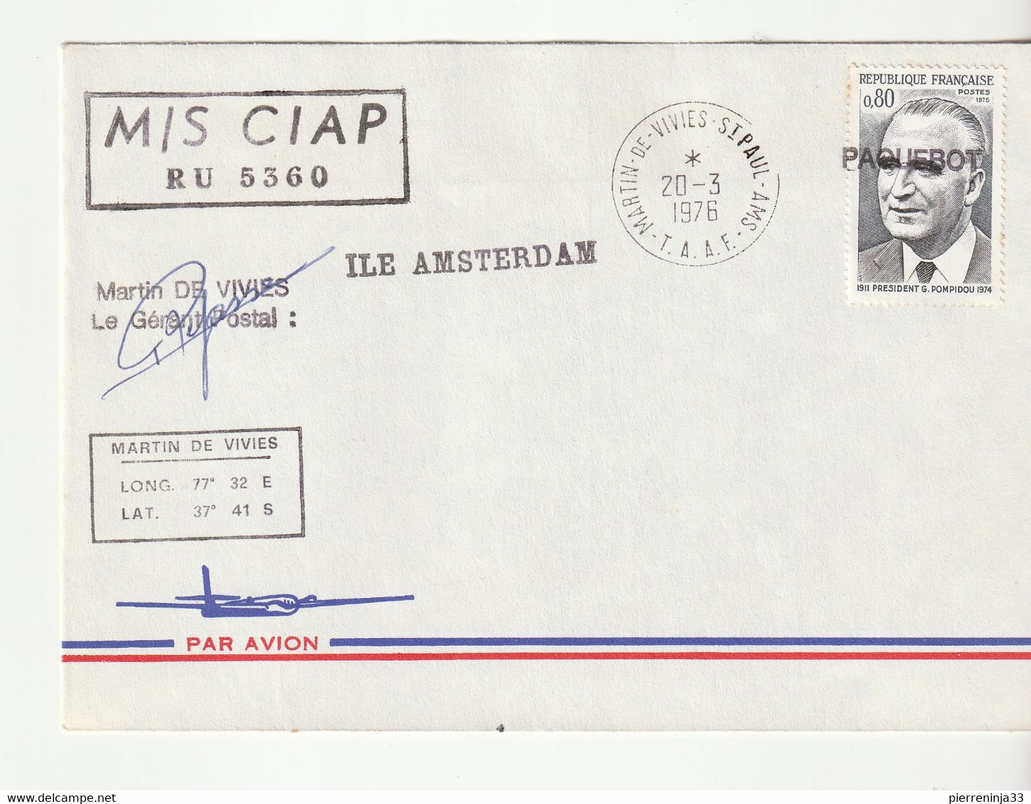 Lettre Terres Australes Et Antarctiques Françaises (TAAF),île Amsterdam, Paquebot, 1976 - Lettres & Documents