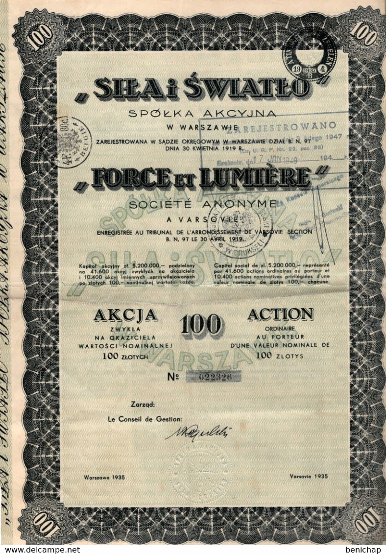 Action Ordinaire Au Porteur De 100 Zlotys - Force Et Lumière S.A. - Varsovie - Warszawa - 1935 - Industry