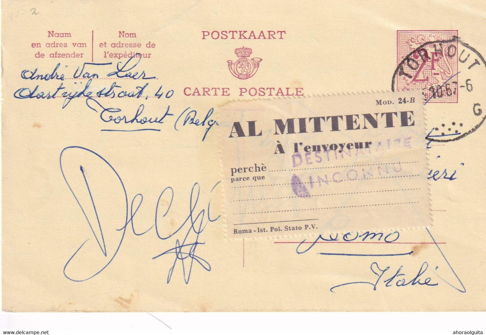 DDY 684 -- Collection THOUROUT - Entier Lion Héraldique 1967 Vers COMO Italie - Etiquette RETOUR Al Mittente - Cartes Postales 1951-..