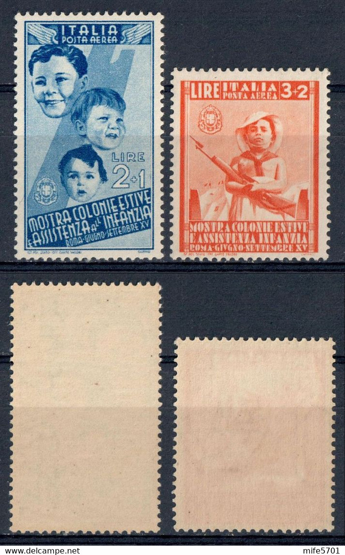 REGNO D'ITALIA 1937 - MOSTRA COLONIE ESTIVE 2 VALORI DI POSTA AEREA L. 2 + 1 E L. 3 + 2- SASSONE PA103/4 - NUOVI MNH ** - Airmail