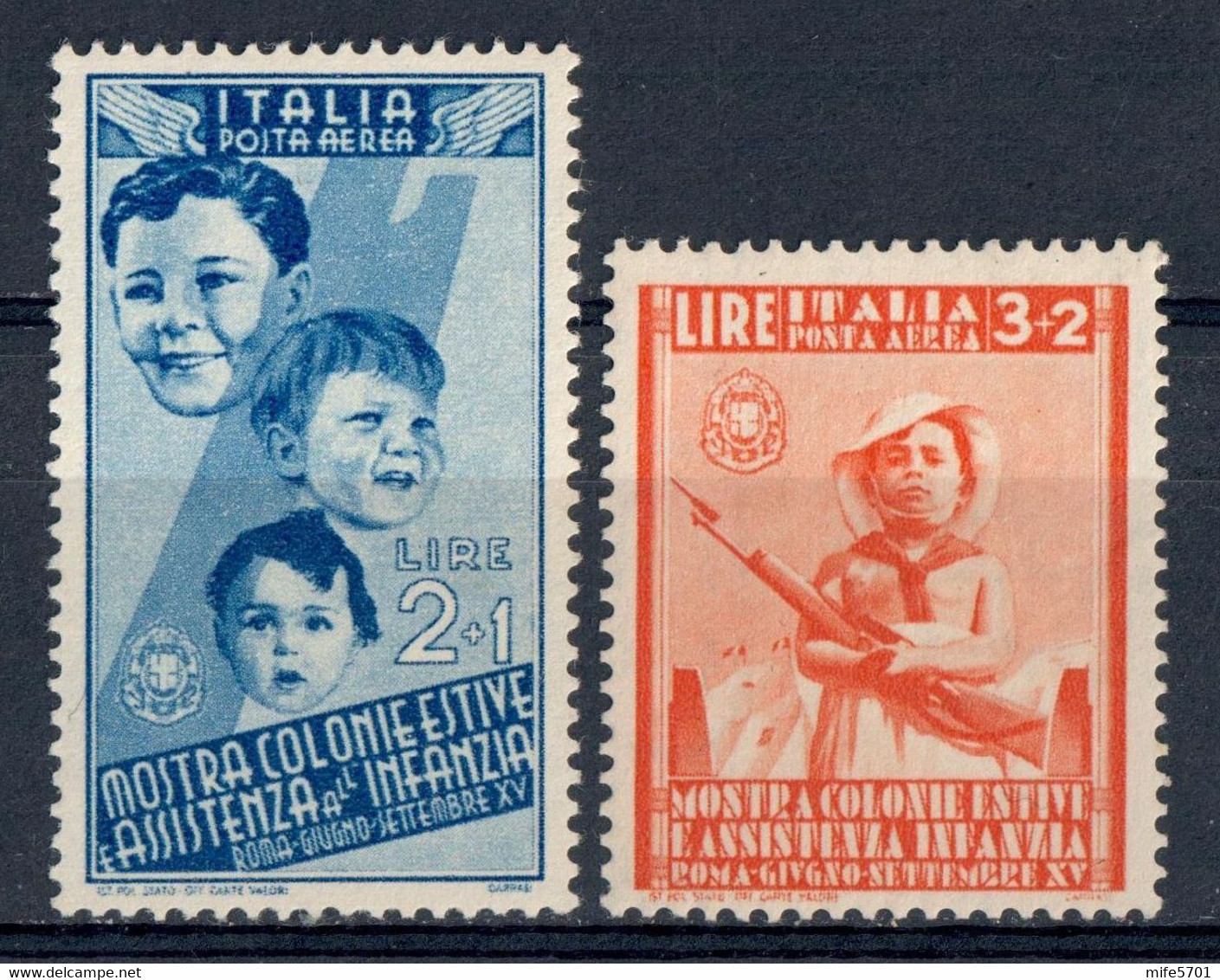 REGNO D'ITALIA 1937 - MOSTRA COLONIE ESTIVE 2 VALORI DI POSTA AEREA L. 2 + 1 E L. 3 + 2- SASSONE PA103/4 - NUOVI MNH ** - Airmail