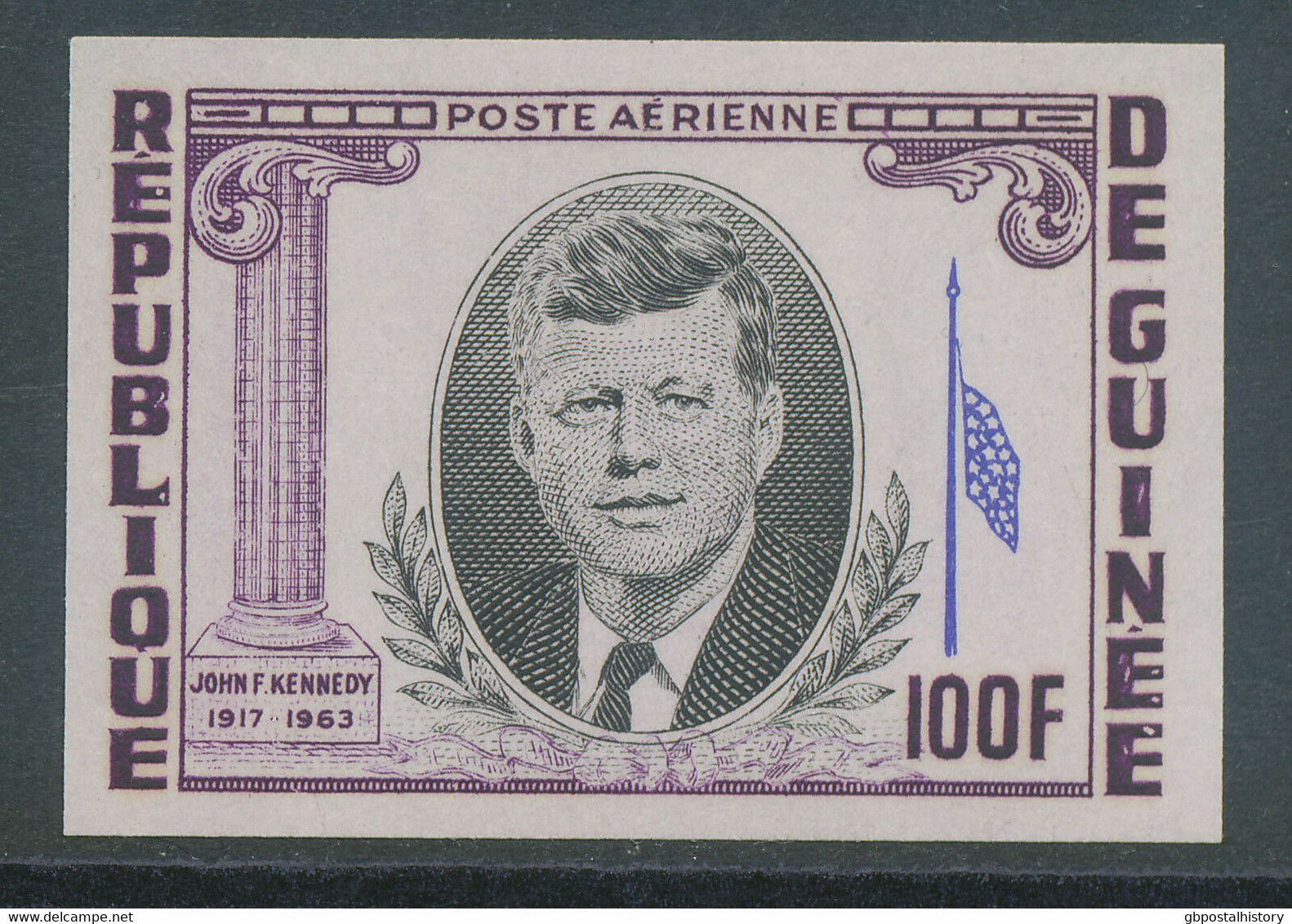 GUINEA 1964 J.F. Kennedy 100 Fr. U/M MAJOR VARIETY: IMPERF + MISSING RED - Guinea (1958-...)