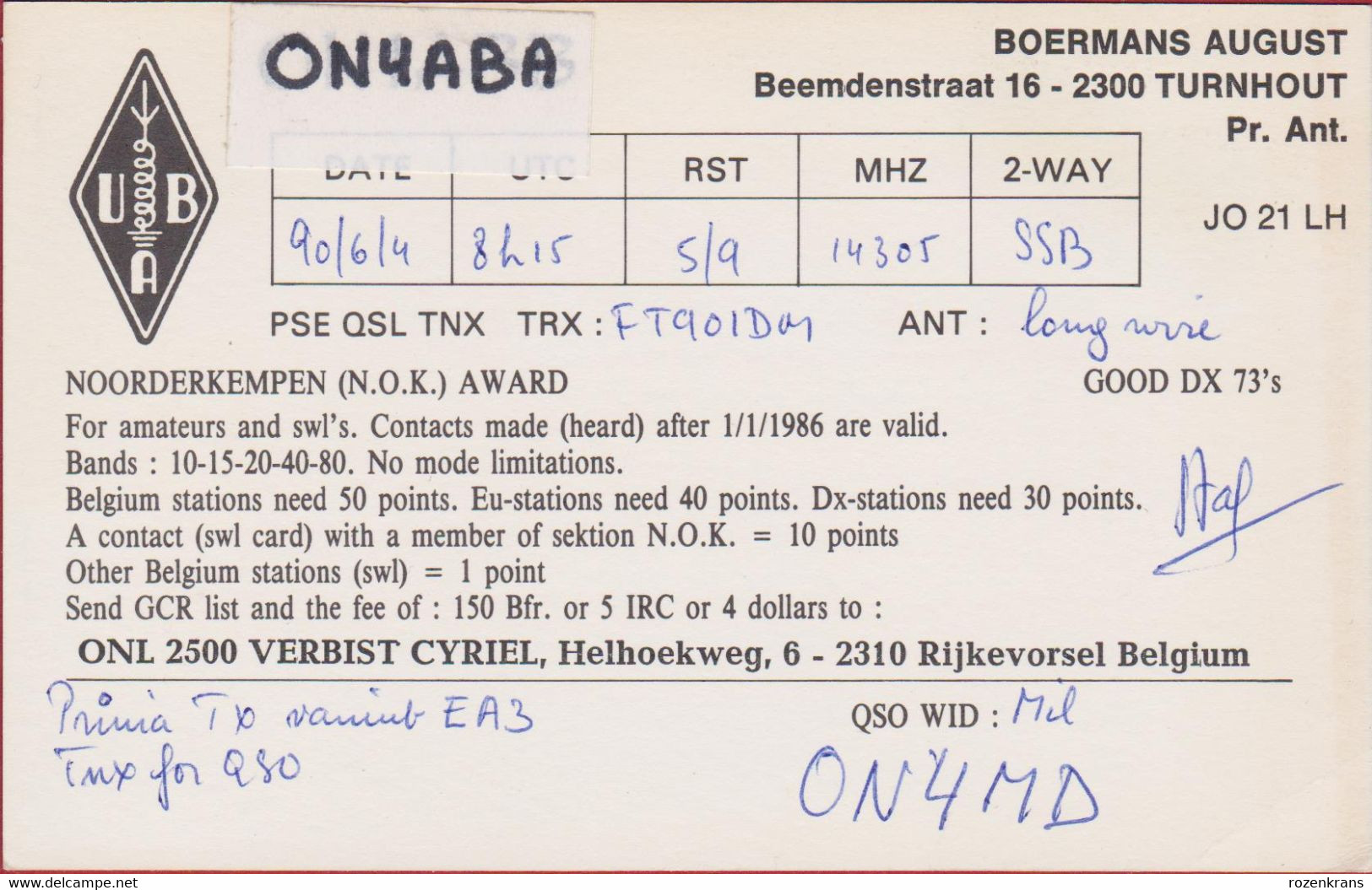 QSL Card Amateur Radio Funkkarte Icecream Ijsboerke Roomijs Crème Glacée Speiseeis Glace Gelato 1990 Rijkevorsel - Amateurfunk