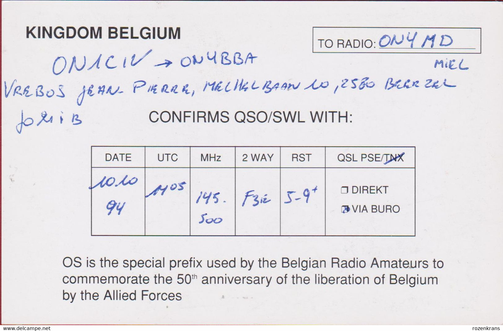 QSL Card Amateur Radio Funkkarte WW2 Memorial Army Allied Forces Liberation Bevrijding Kingdom Belgium 2nd World War - Amateurfunk