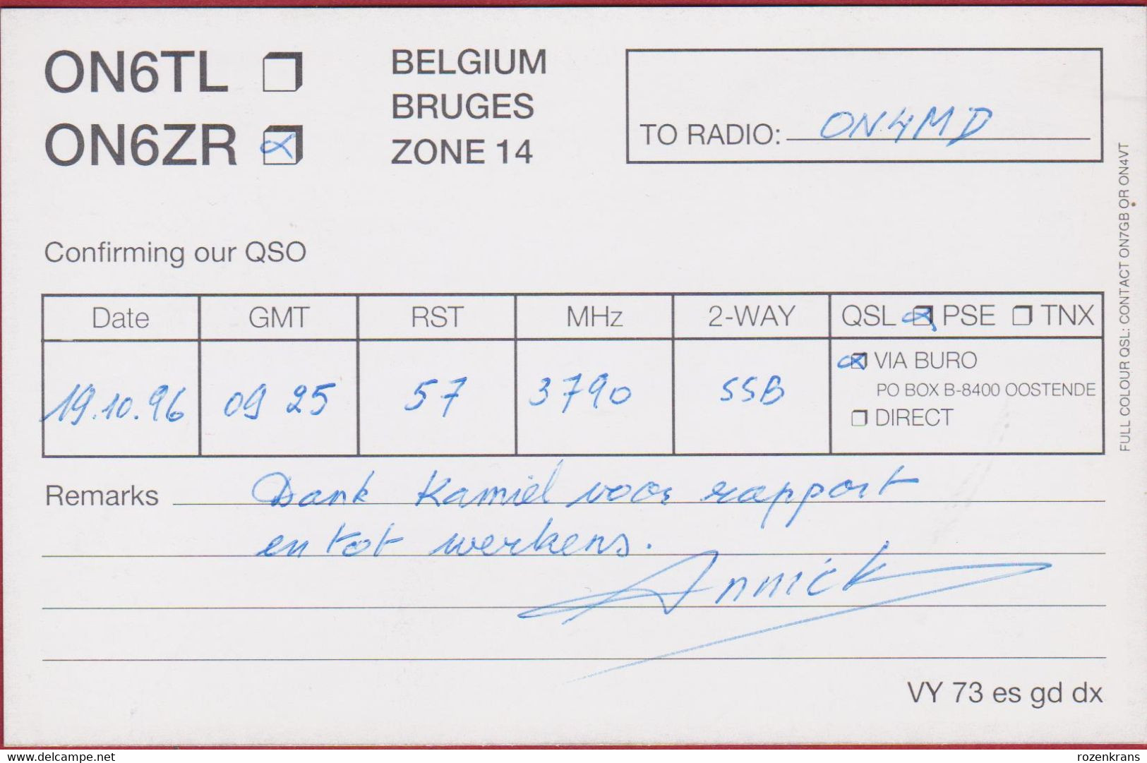 QSL Card Amateur Radio Station Funkkarte Brugge Greetings From Bruges Manneken Pis Dinant Antwerpen 1996 - Amateurfunk