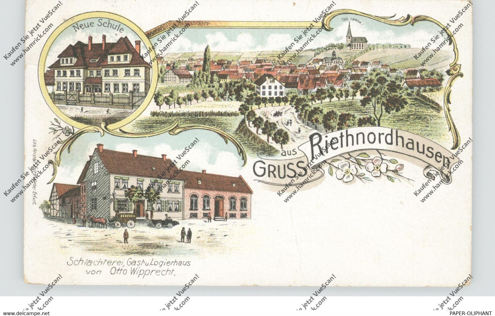 0-5101 RIETHNORDHAUSEN, Lithographie, Schlachterei & Gasthaus Wipprecht, Neue Schule, Dorfansicht - Sömmerda
