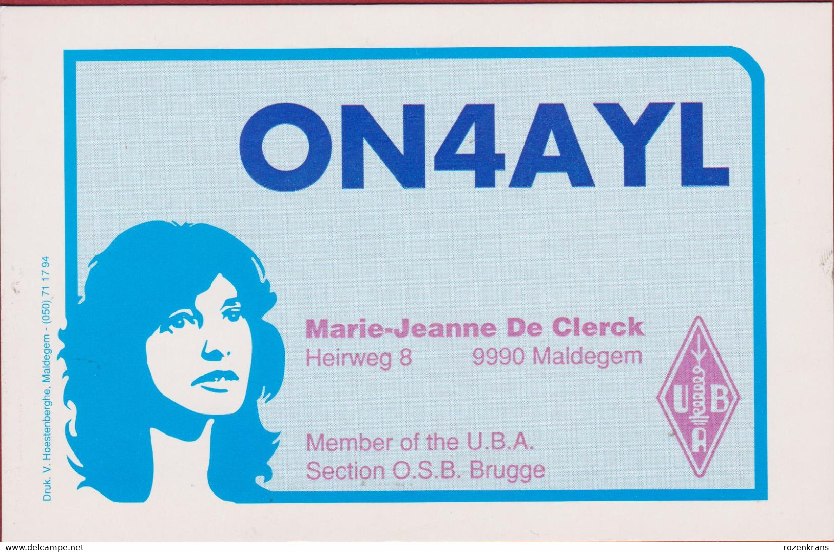 QSL Card Amateur Radio Station Funkkarte Maldegem Marie-Jeanne De Clerck Member UBA OSB Brugge 1999 - Radio Amateur