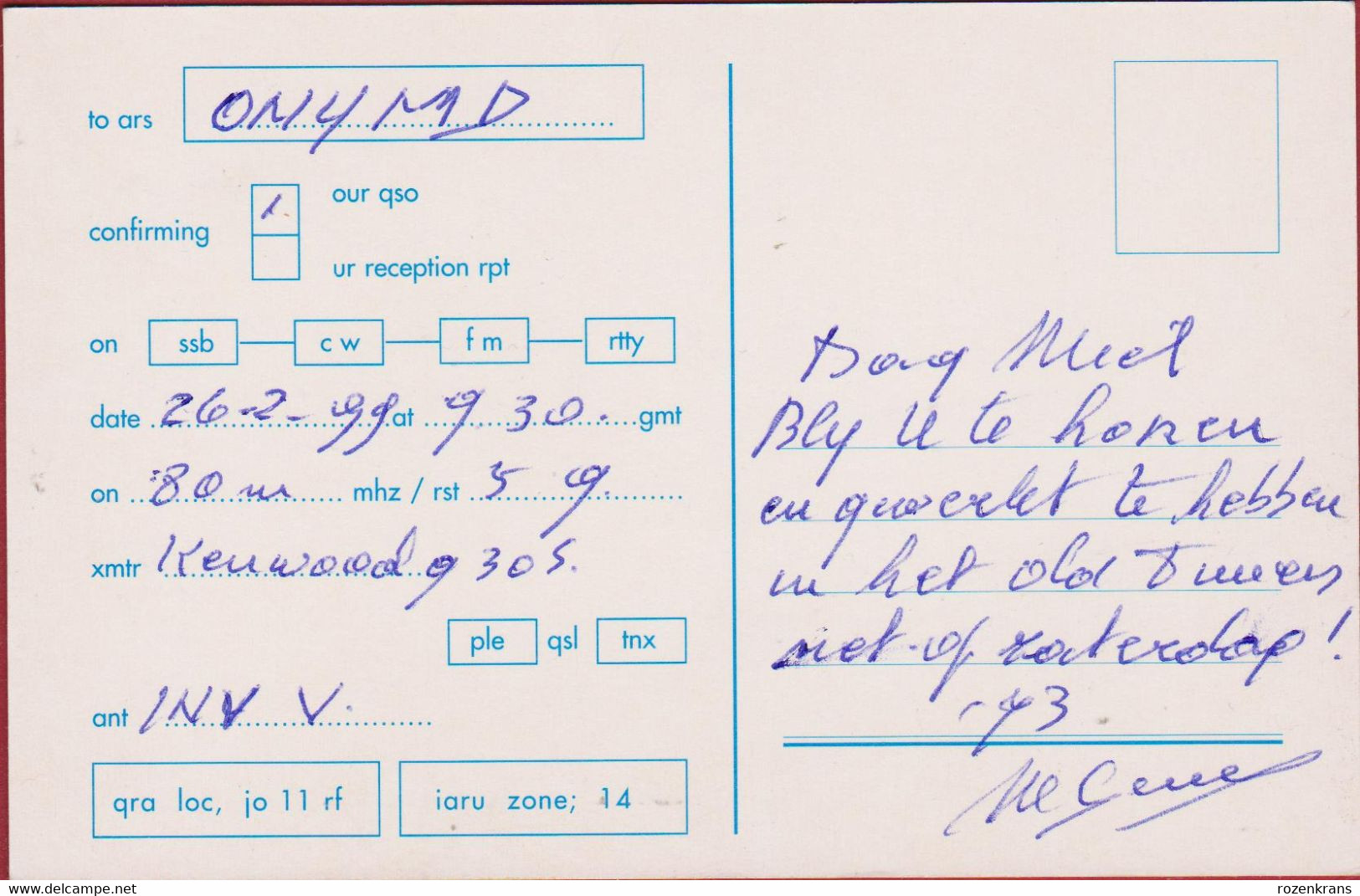 QSL Card Amateur Radio Station Funkkarte Maldegem Marie-Jeanne De Clerck Member UBA OSB Brugge 1999 - Amateurfunk