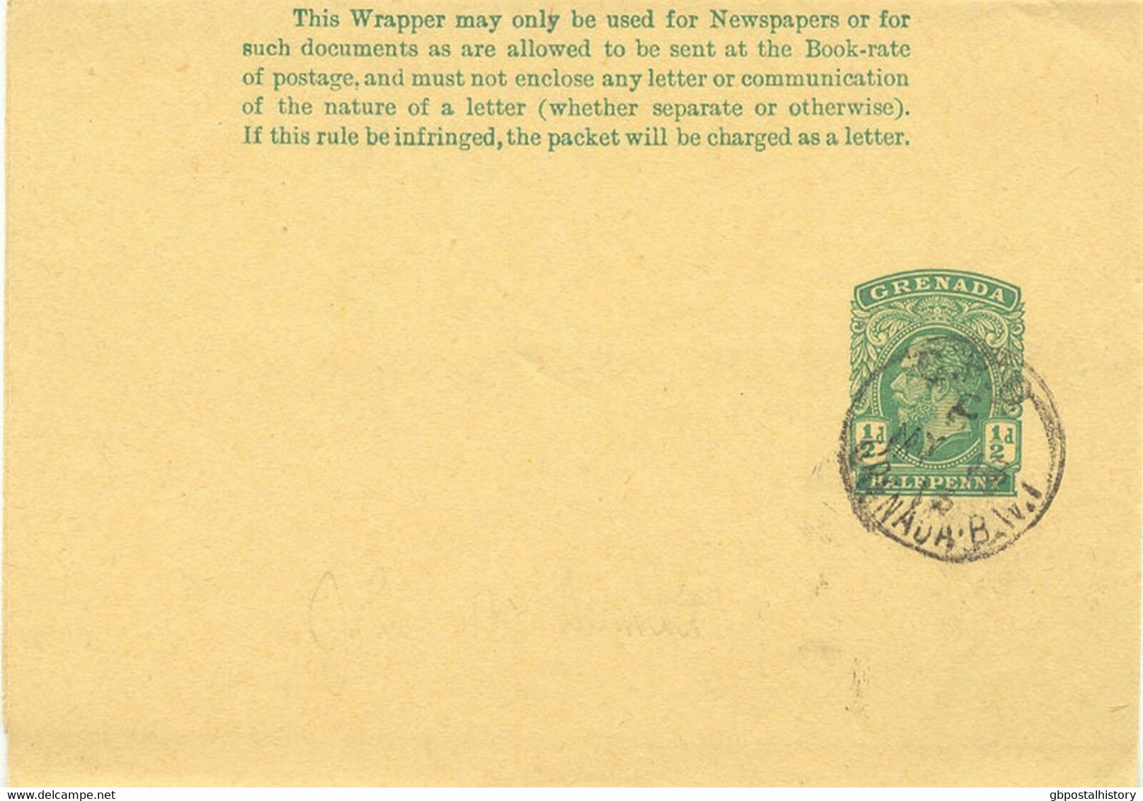 GRENADA 1912 König Georg V 1/2 D Grün Selt. Kab.-Streifband G.P.O. GRENADA.B.W.I - Grenada (...-1974)