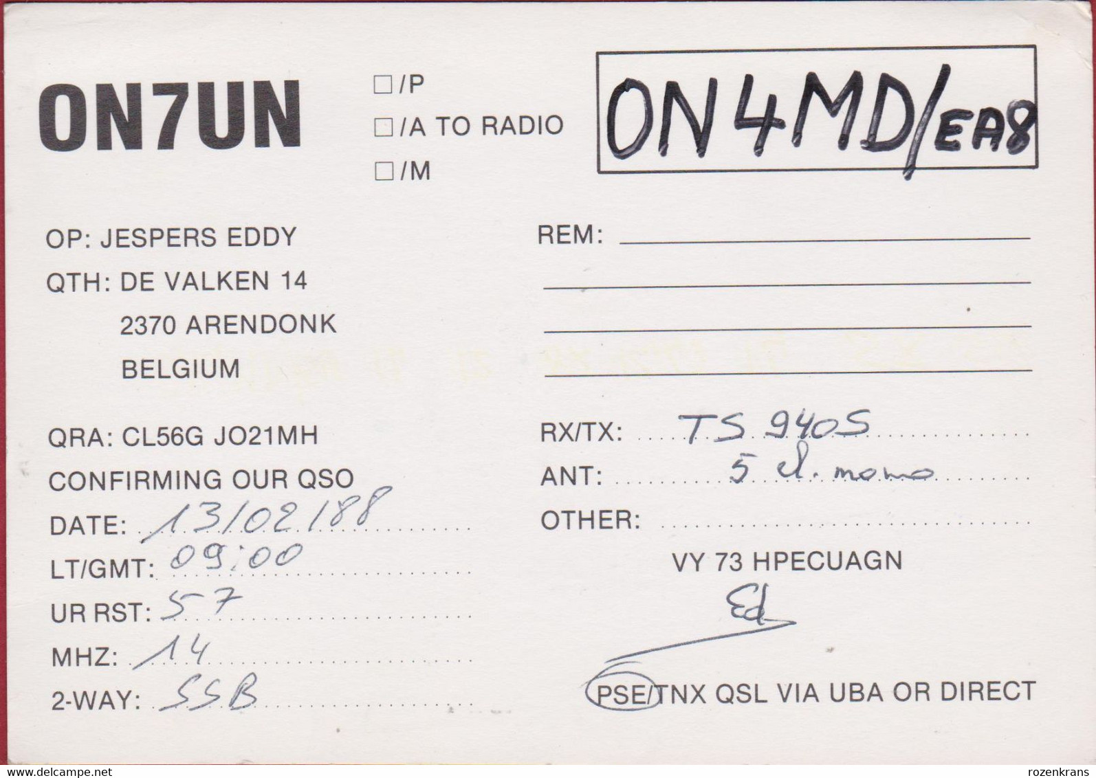 QSL Card Amateur Radio Station Arendonk Belgium Eddy Jespers 1988 Funkkarte Heraldiek Heraldry Wapen Weapon Waffen - Amateurfunk