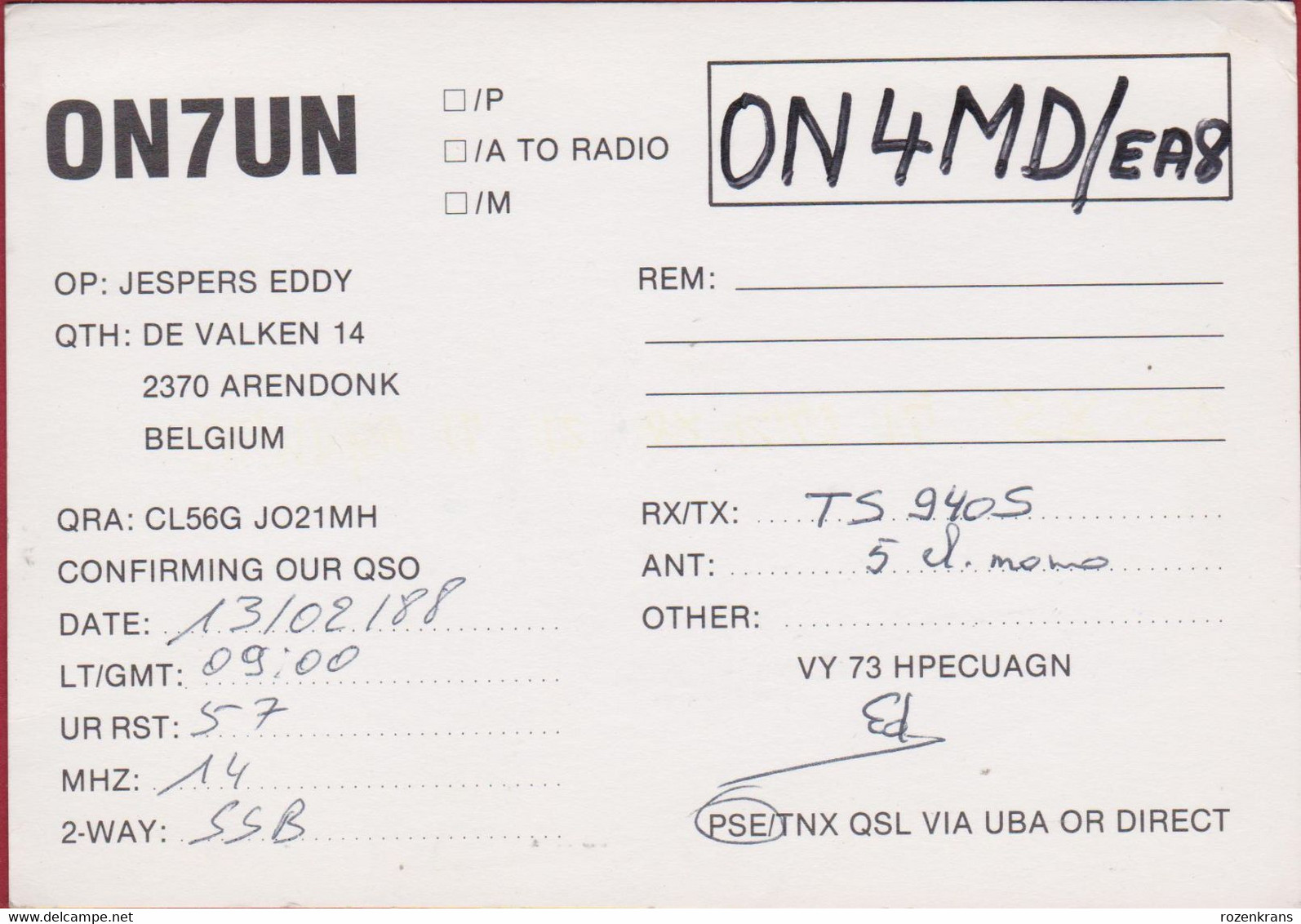QSL Card Amateur Radio Station Arendonk Belgium Eddy Jespers 1988 Funkkarte Heraldiek Heraldry Wapen Weapon Waffen - Radio Amateur