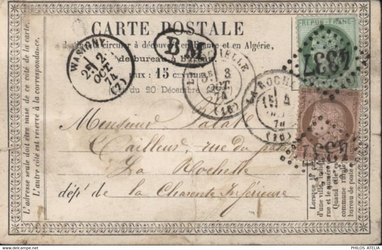 Cérès YT 53 + 58 GC 4337 Wasigny + CAD T16 2/2 OCT 1874 (7) Ardennes + Cachet BM Boite Mobile Texte Sur Fourrures - 1849-1876: Periodo Classico