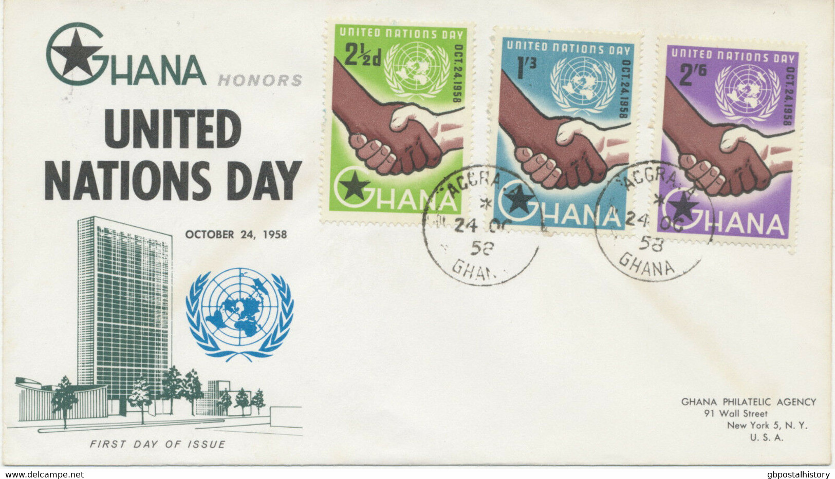 GHANA 1958 Tag Der Vereinten Nationen - Von „ACCRA A“ Nach USA R-FDC - Ghana (1957-...)