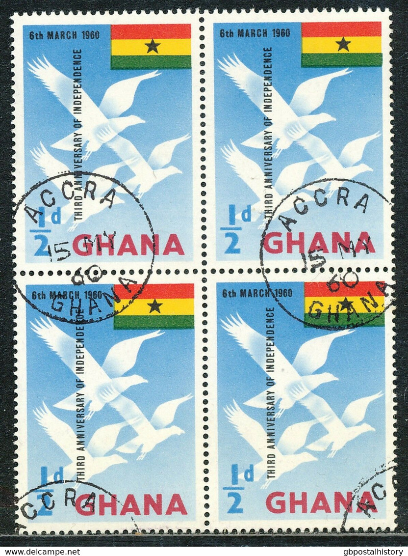 GHANA 1960, 3 Jahre Unabhängigkeit. Adler Und Flagge, 1/2 P Mehrfarbig, Gestempelter Selt. Kab.-Vierblock - Ghana (1957-...)