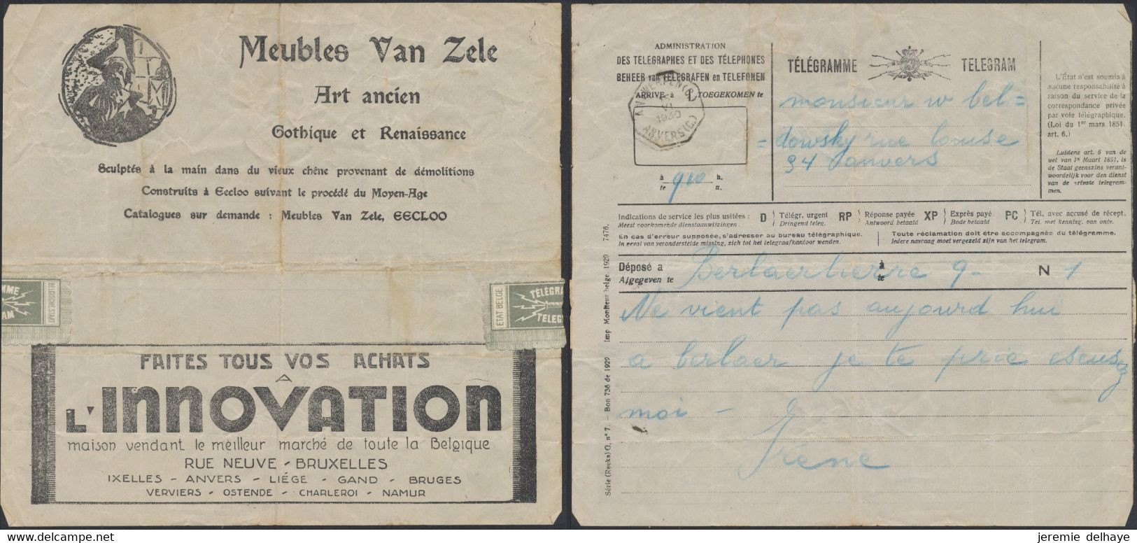 Télégramme (Série G N°7) + Publicité Au Verso (Meubles Van Zele, Eecloo / Innovation) > Antwerpen C. 15/6/1930 - Post-Faltblätter