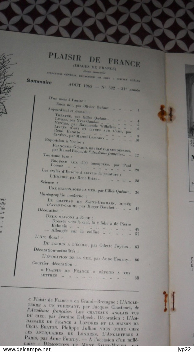 Revue Plaisir De France Août 1965 Décoration Ameublement Architecture Mobilier Voyage Jardin Publicité ... Vintage - Maison & Décoration