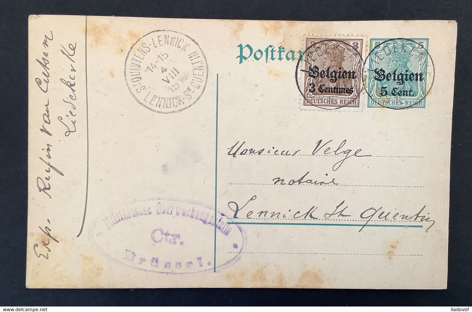 Postkaart Bijfrankering OC11 - LIEDEKERKE - ST QUINTENS LENNICK - Militärische Uberwachungsstelle Ctr Brussel - OC1/25 General Government