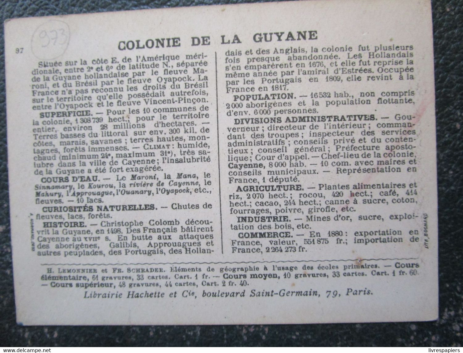 Guyane Carte Chromo Hachette - Sonstige & Ohne Zuordnung