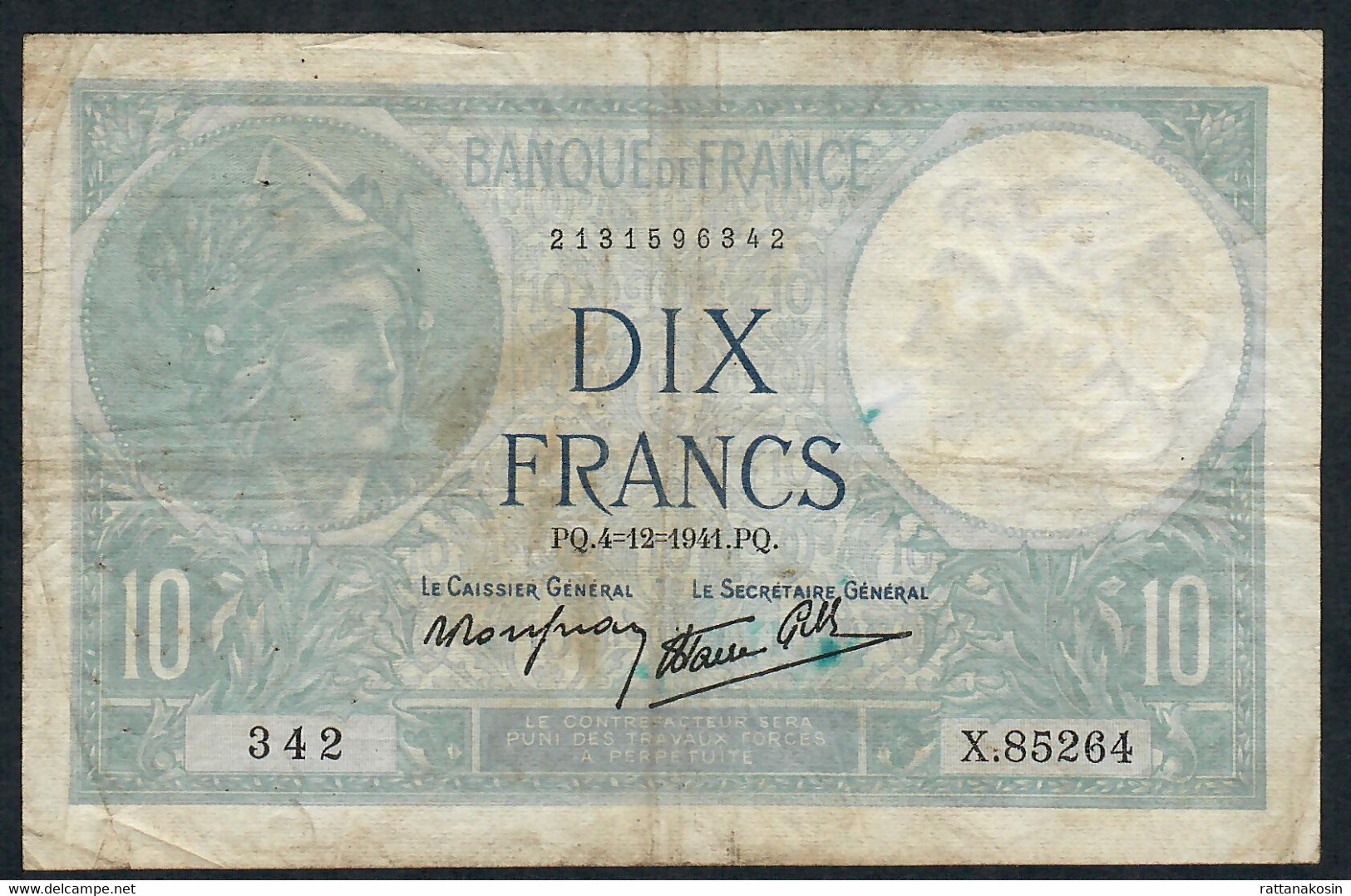 FRANCE P84 10 FRANCS  4.12.1941 F-aVF NO P.h. - 10 F 1916-1942 ''Minerve''