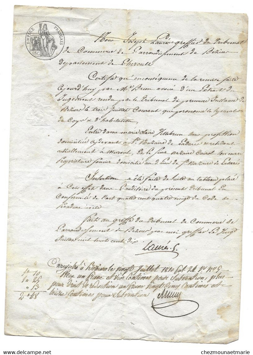 1810 BEZIERS - SEPARATION ENTRE DAME VILLEBRUN ET SIEUR CAIROL - SAINT NAZAIRE DE LADAREZ - Documents Historiques