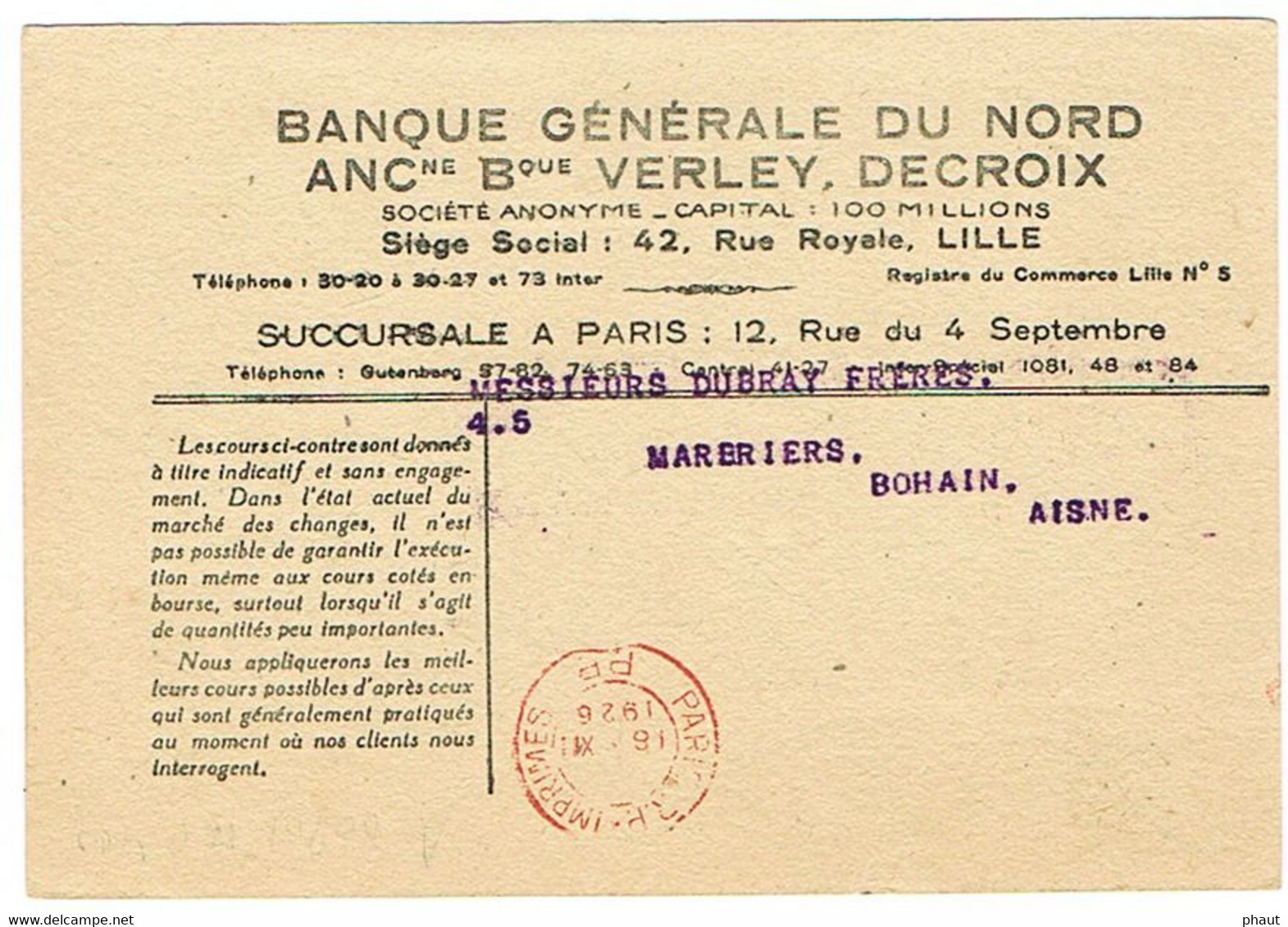 FLIER PARIS RP IMPRIME PP EN ROUGE SUR CARTE DE LA BANQUE GENERALE DU NORD VERLEY DECROIX - 1921-1960: Periodo Moderno