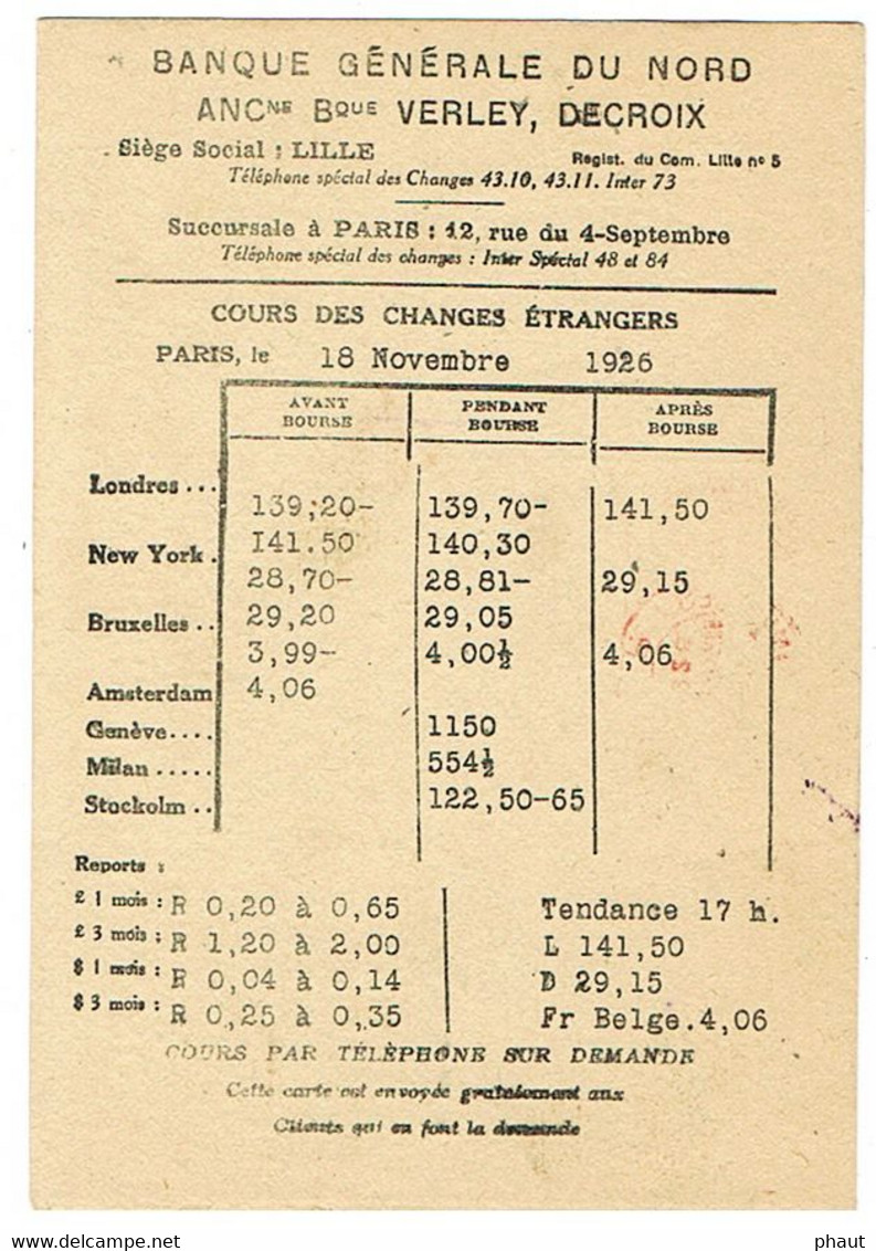 FLIER PARIS RP IMPRIME PP EN ROUGE SUR CARTE DE LA BANQUE GENERALE DU NORD VERLEY DECROIX - 1921-1960: Periodo Moderno