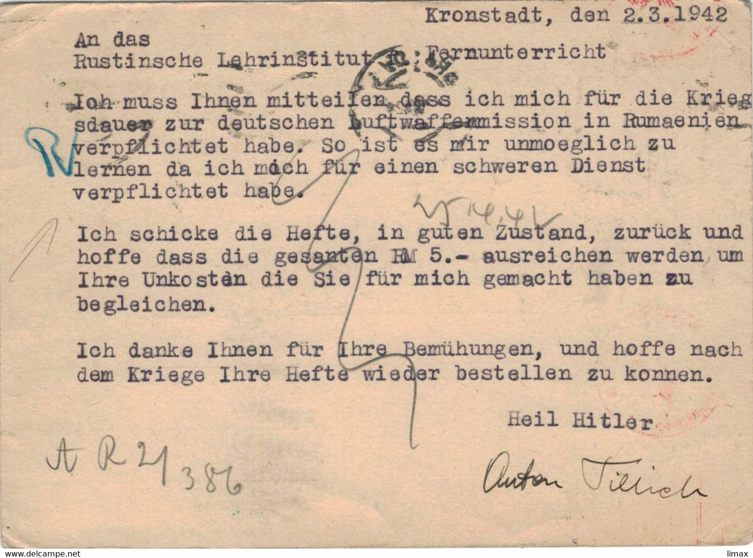 Ganzsache Brasov 13.3.1942 > Rustinsche Lehrinstitut Für Fernunterricht Potsdam - Censura Externa - OKW Geprüft - 2de Wereldoorlog (Brieven)