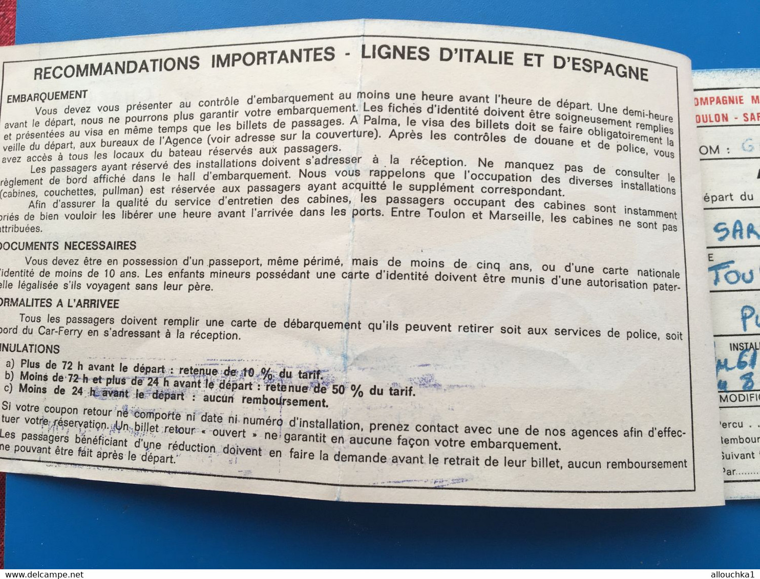 CIE MARITIME✔️TOULON / SARDAIGNE-PAQUEBOT-Permis Circulation Titre Transport-Ticket Simple-☛Billet Embarquement Bâteau - Europe