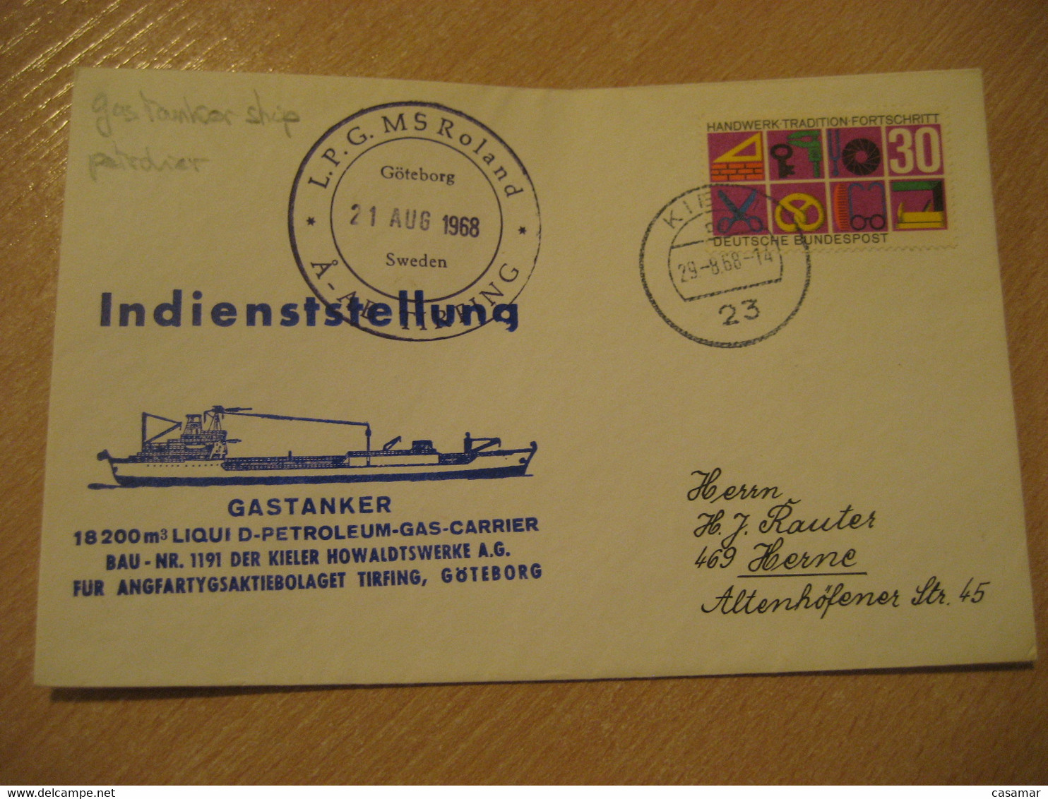 TIRPING Goteborg Sweden GAS Tanker Crude Oil Tanker Petrolier Tank Ship Cover KIEL 1968 Cancel GERMANY Petroleum Petrole - Gaz