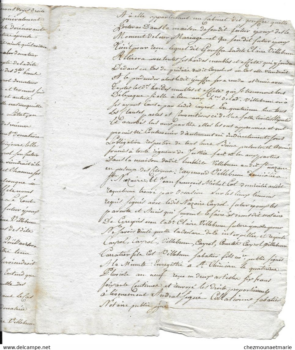 1801 - SAINT NAZAIRE DE LADAREZ - CONTRAT DE MARIAGE ENTRE CAYROL ET VILLEBRUN PAR Me SABATIER A ROQUEBRUN - Documents Historiques