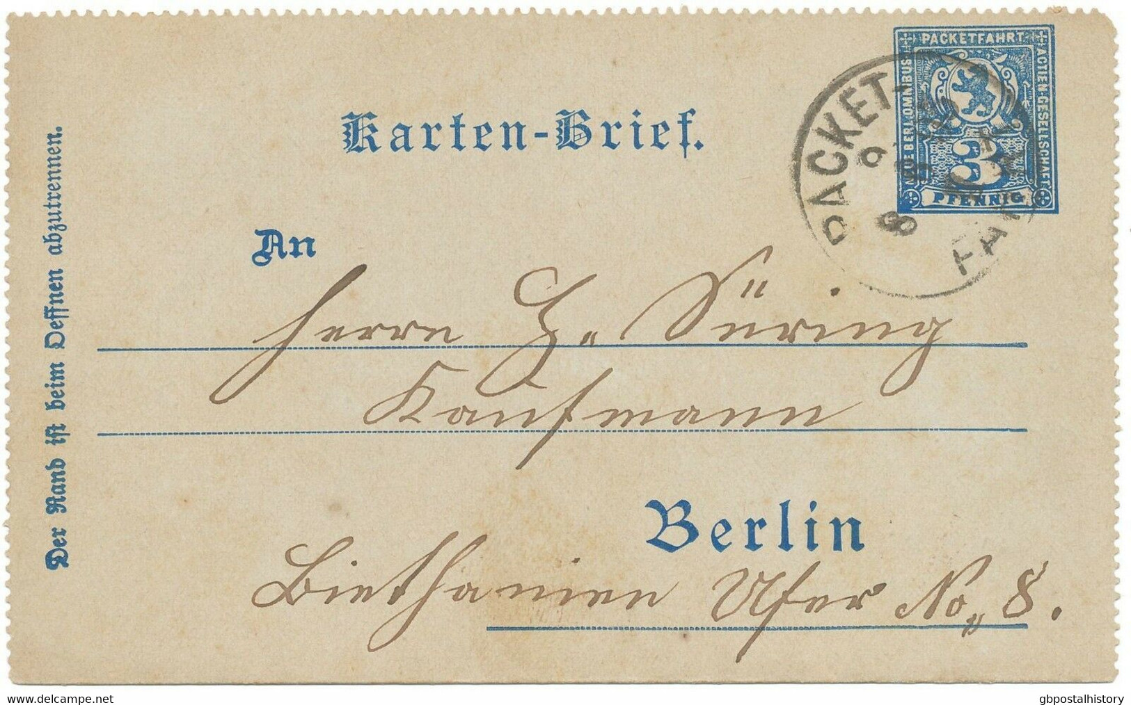 BERLIN 1893 3 Pf Privat-GA-Kartenbrief Der Neue Berl. Omnibus Packetfahrt AG K1 - Privatpostkarten - Gebraucht