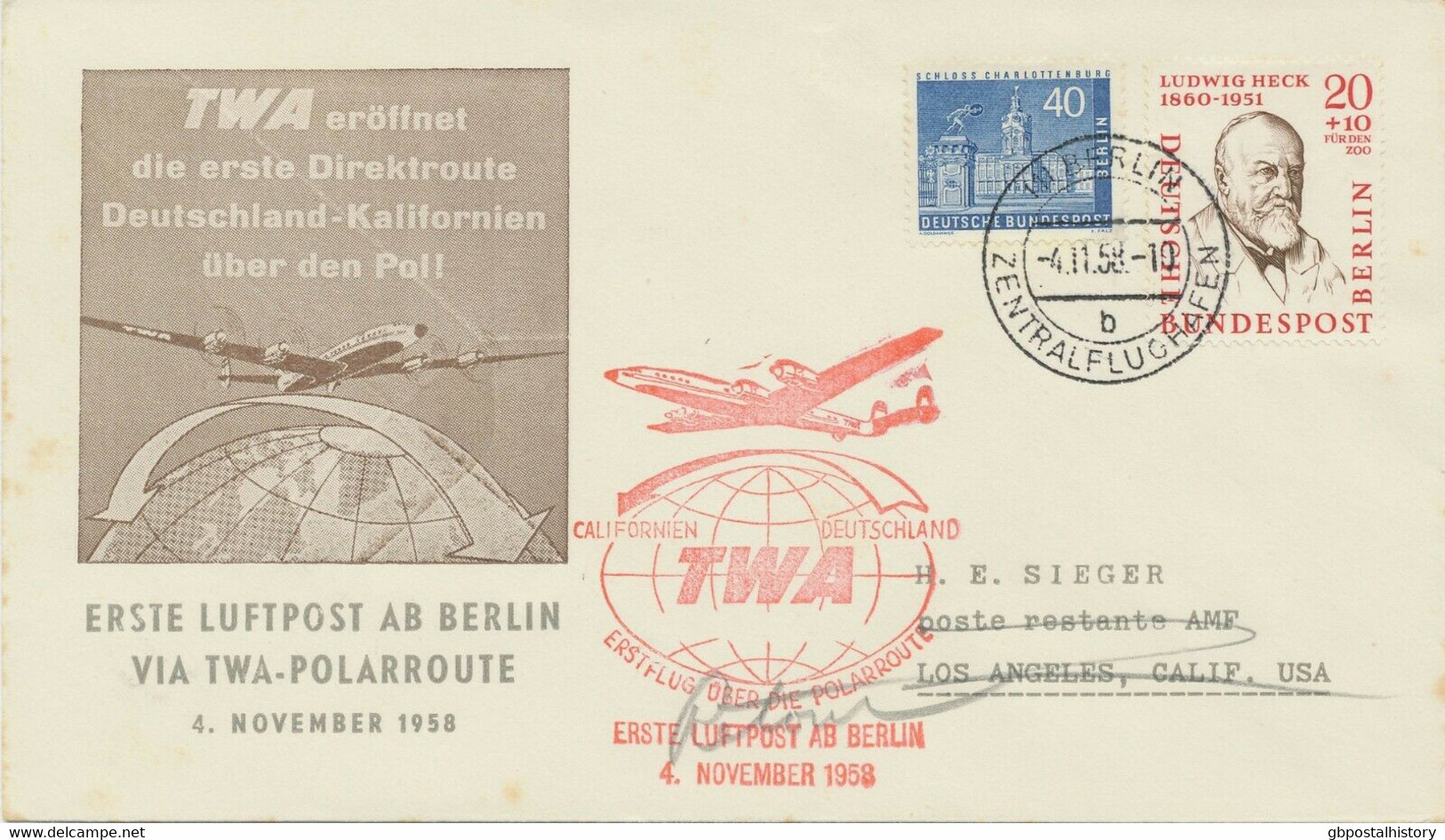 BERLIN 1958 First Airmail From Berlin Via TWA Polar Route FF BERLIN-LOS ANGELES - Cartas & Documentos