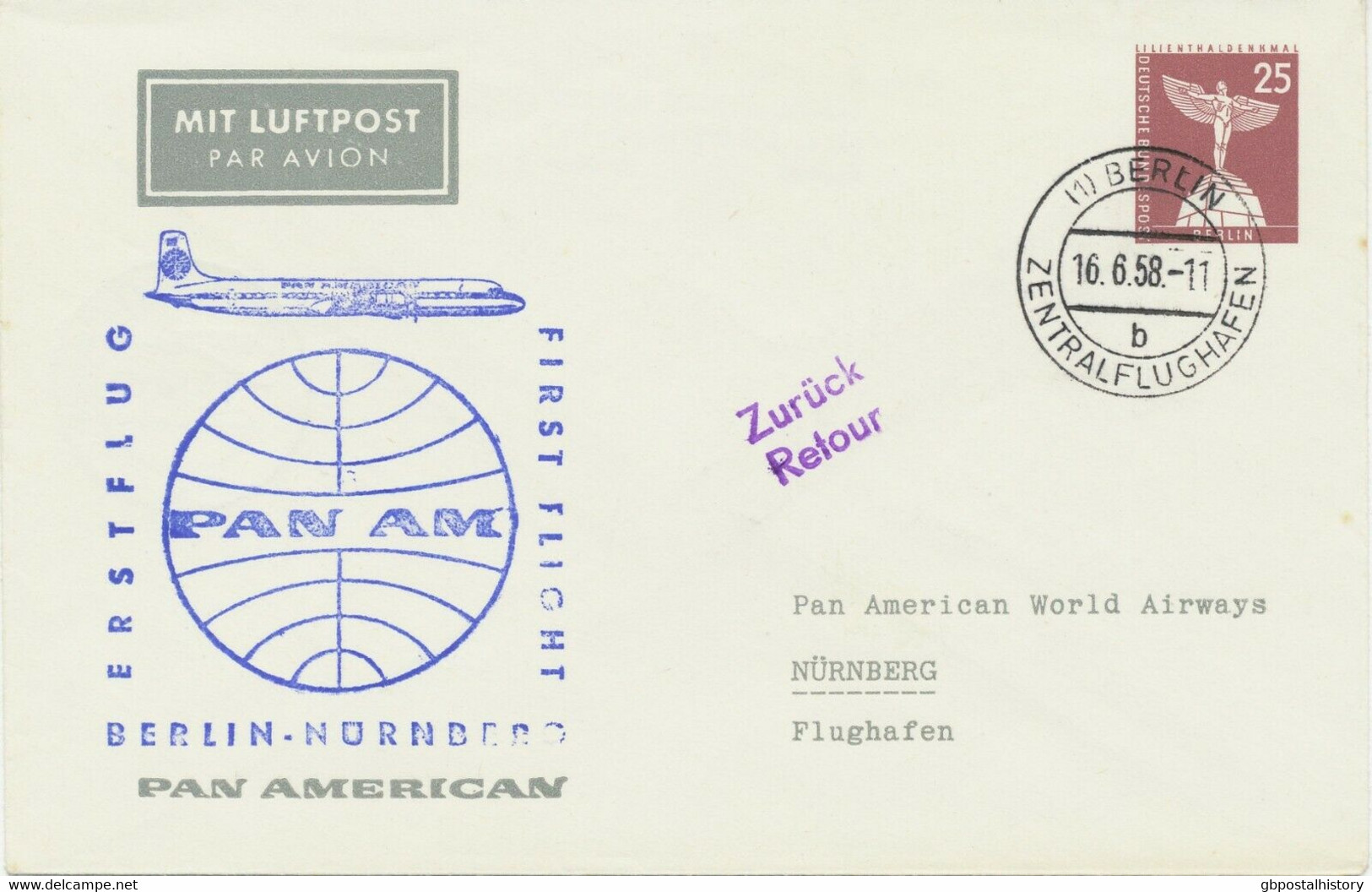 BERLIN 1958 First Flights Pan American Airways BERLIN-NUREMBERG + NUREMBERG-BERLIN - Postales Privados - Usados