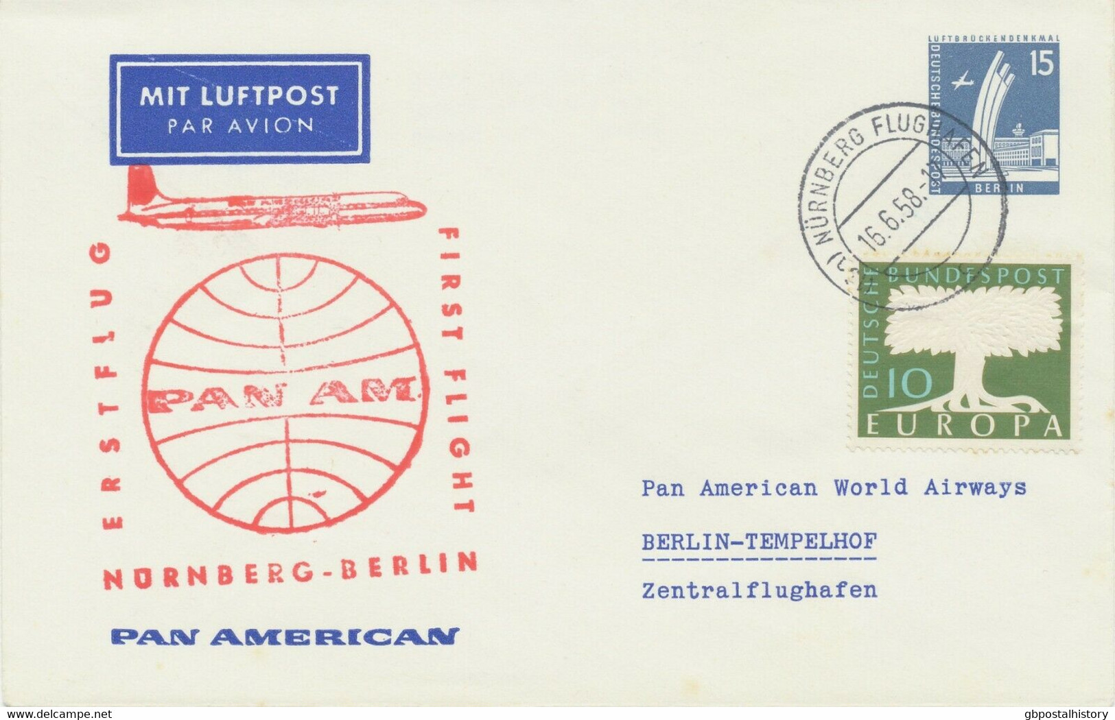 BERLIN 1958 First Flights Pan American Airways BERLIN-NUREMBERG + NUREMBERG-BERLIN - Cartoline Private - Usati