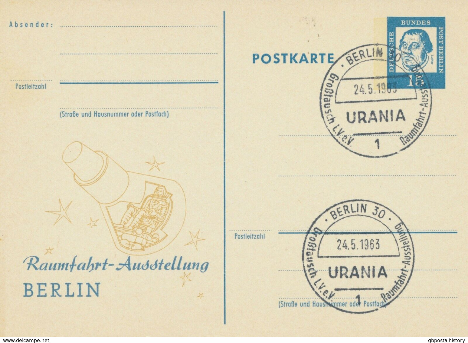 BERLIN 1963 15Pf Privat-Sonder-GA Raumfahrt-Ausstellung BERLIN M. SST BERLIN 30 - Postales Privados - Usados