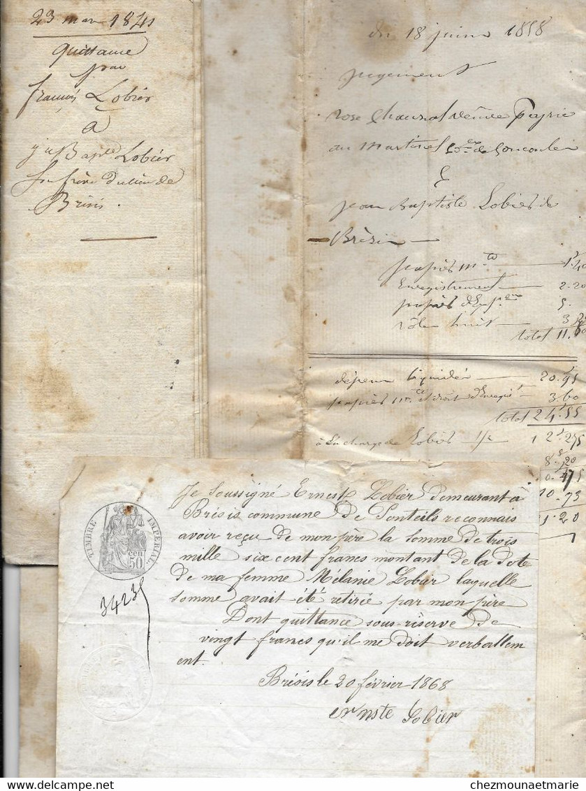 1841 1858 1868 BRESIS - FAMILLE LOBIER - LOT DE 3 DOCUMENTS DONT JUGEMENT AVEC CHAUZAL, QUITTANCE ET RECU - Documents Historiques