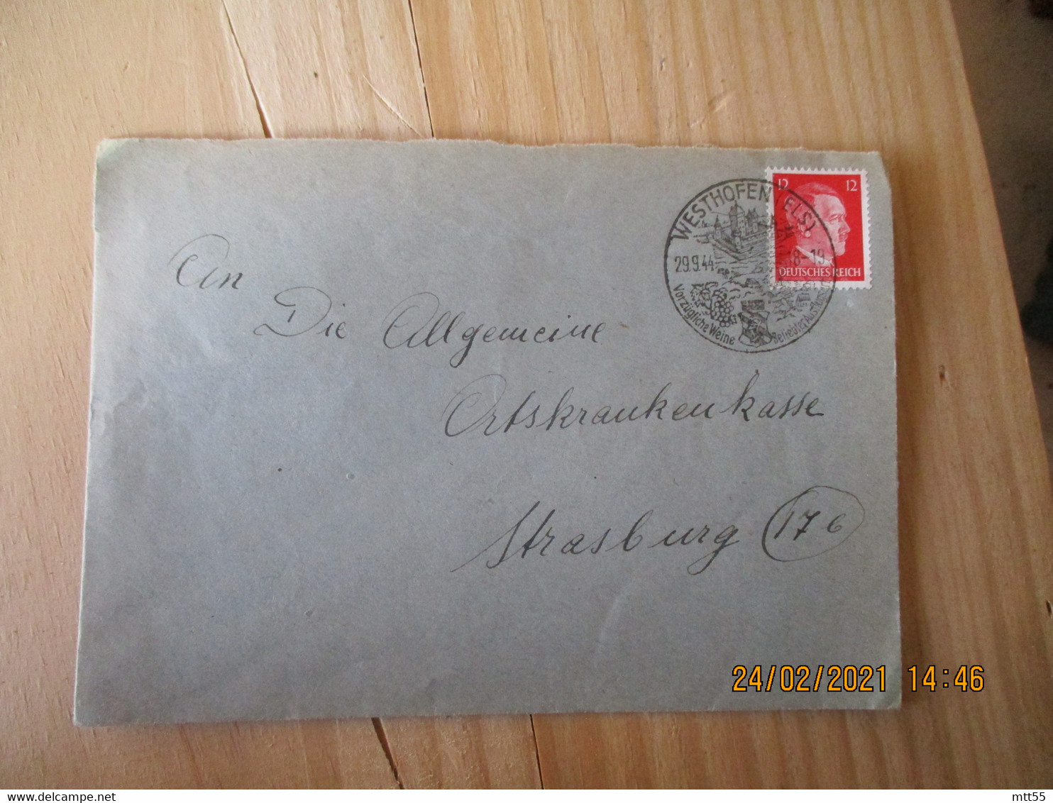 Occupation Alsace 1941 Westhofen Els Cachet Illustre Timbre Hitler 12 Pour Strasbourg - 1921-1960: Periodo Moderno