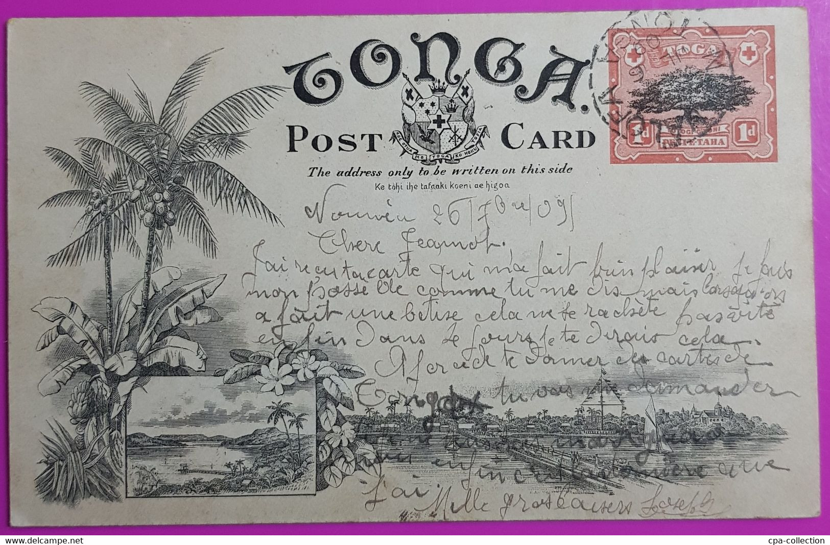 Cpa Entier Postal Tonga Tufumahina Océanie Cachet Douane Customs Nukualofa Carte Postale Ecrite De Nouméa En 1909 - Tonga