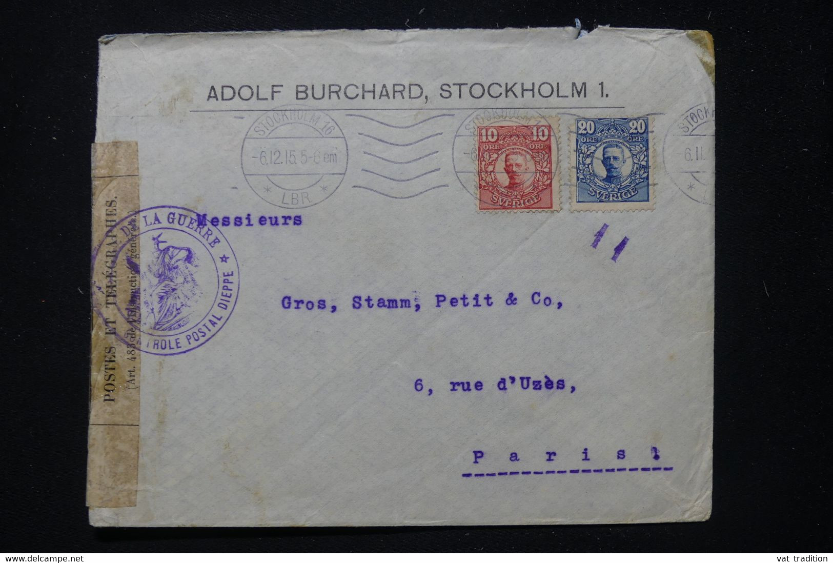 SUÈDE - Enveloppe Commerciale De Stockholm Pour La France En 1915 Avec Contrôle Postal De Dieppe - L 89831 - Briefe U. Dokumente