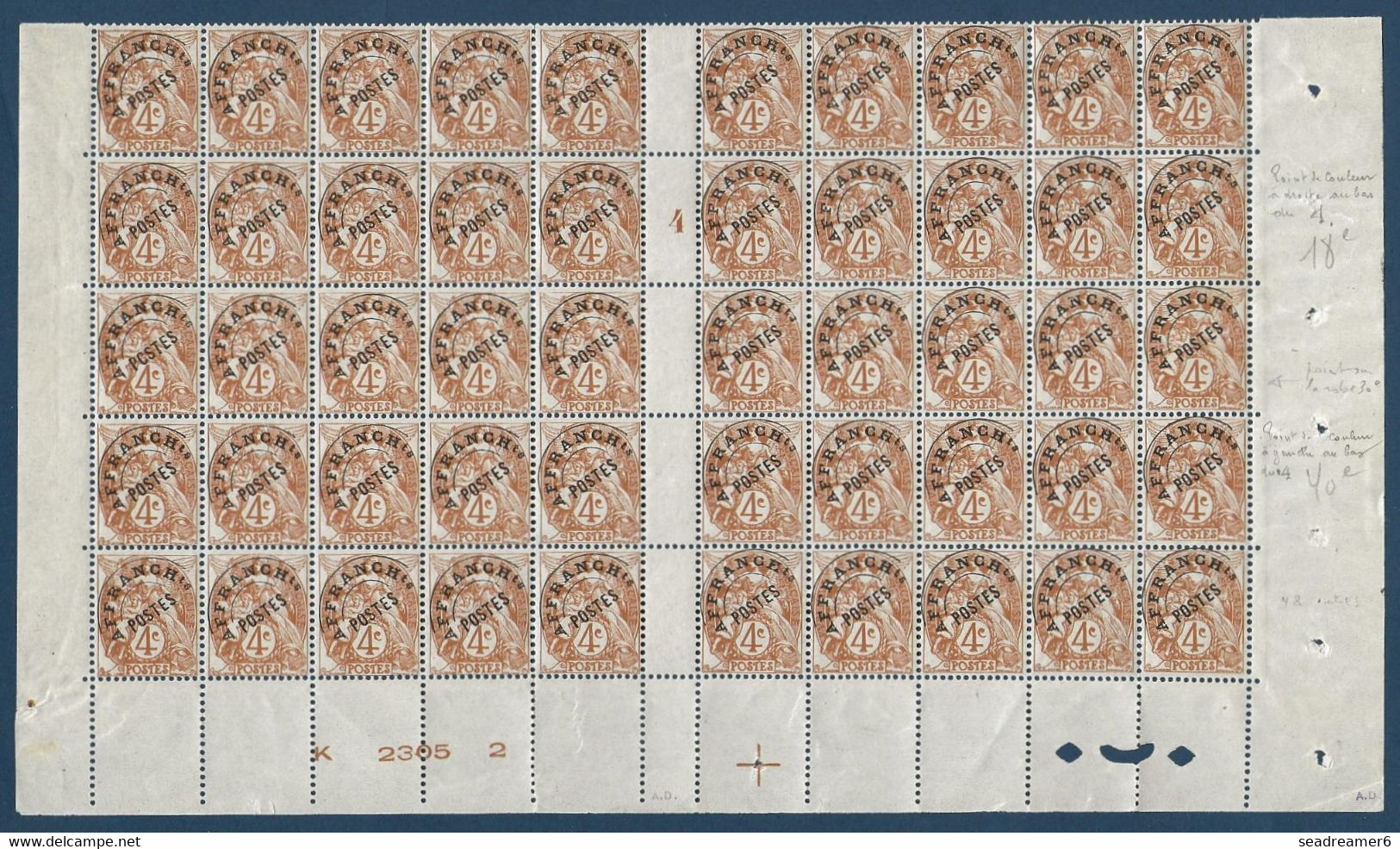 France 1922 Preo Type Blanc N°40** Feuille Interpanneau Du Bas Avec Les Variétés Yvert 40b,40c & 40D Fraicheur Postale - 1893-1947