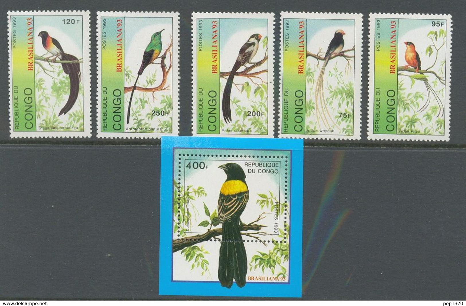 CONGO 1993 FAUNA PAJAROS 5 SELLOS + HOJITA BLOQUE - Otros & Sin Clasificación