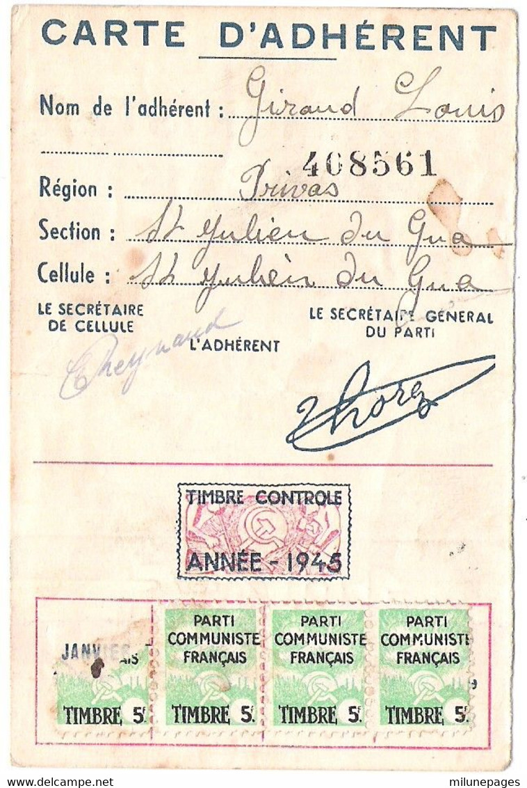 Carte D'Adhérent Au PCF Parti Communiste Français Pour 1945 Signature Imprimée Maurice Thorez - Historische Documenten