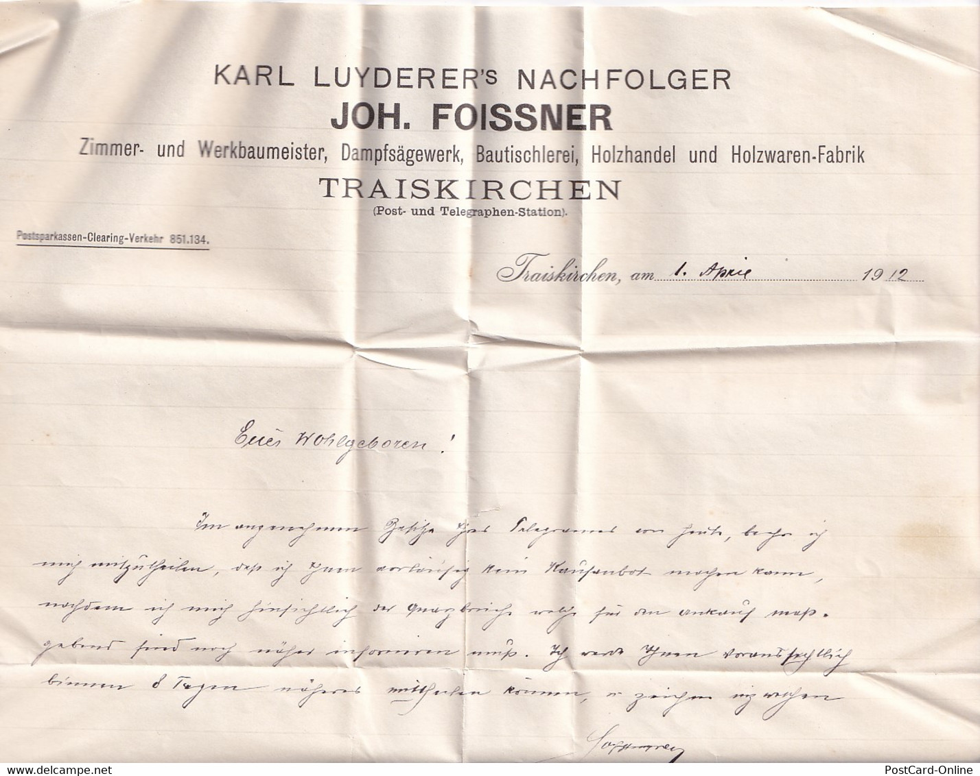 6719 - Österreich - Geschäftsbrief , Zimmerei Tischlerei , Joh. Foissner Traiskirchen V. 1912 - - Non Classificati