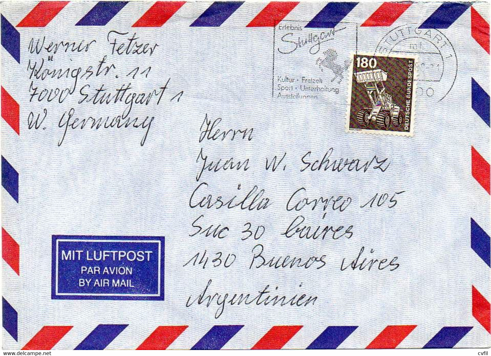 GERMANY 1989 - Air Cover With A Single Copy Of 180Pf Ratlader, To Buenos Aires - Lettres & Documents