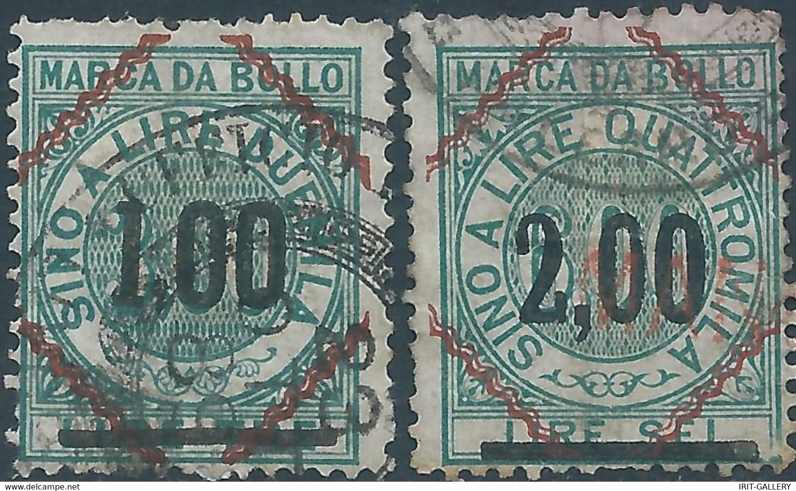 ITALIA-ITALY-ITALIE-ITALIEN,King Umberto I , Marca Da Bollo,Revenue Stamps Tax  Fiscal,1,00 & 2,00 Lire ,Used - Steuermarken