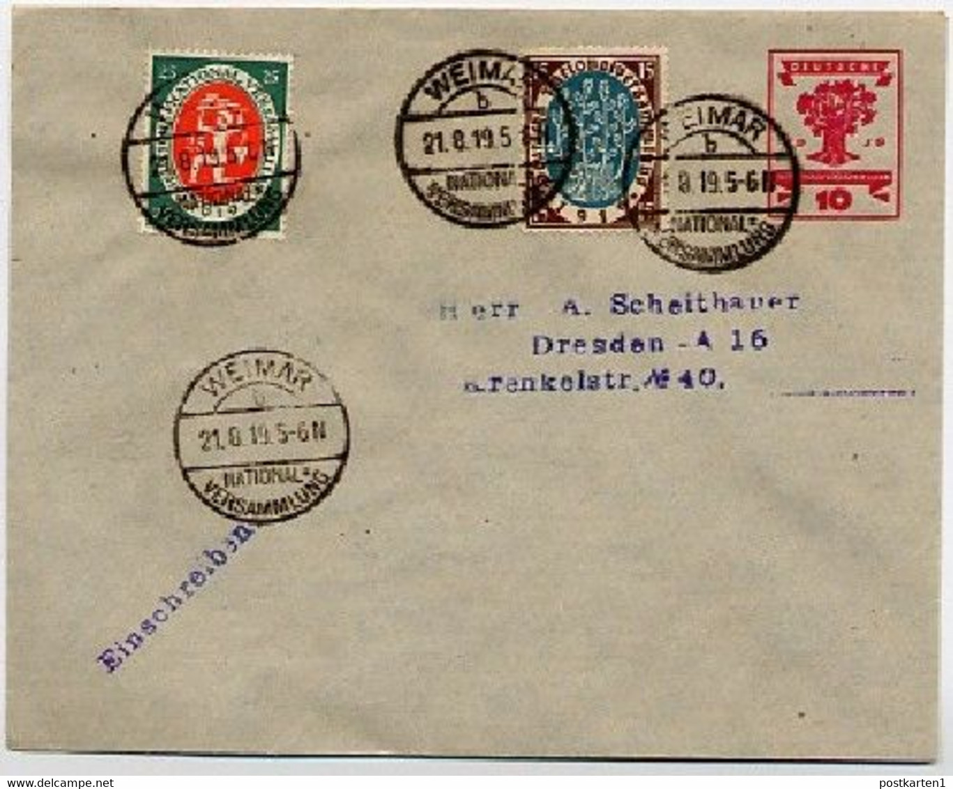 DR PU46/A1 Privat-Umschlag  NATIONALVERSAMMLUNG  Sost. Weimar 1919  Kat. 18,00 € - Briefe