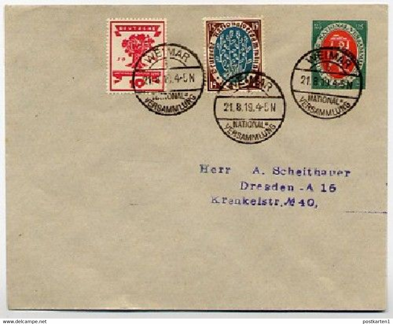 DR PU48/A1 Privat-Umschlag NATIONALVERSAMMLUNG Sost. Weimar 1919  Kat. 20,00 € - Briefe