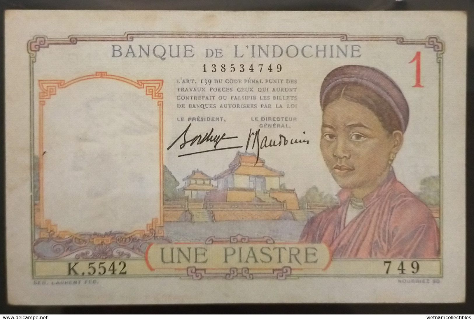 French Indochina Indochine Vietnam Cambodia 1 Piastre AU Banknote Note Billet 1932-49 - Pick # 54b Old Laos Text - Indocina